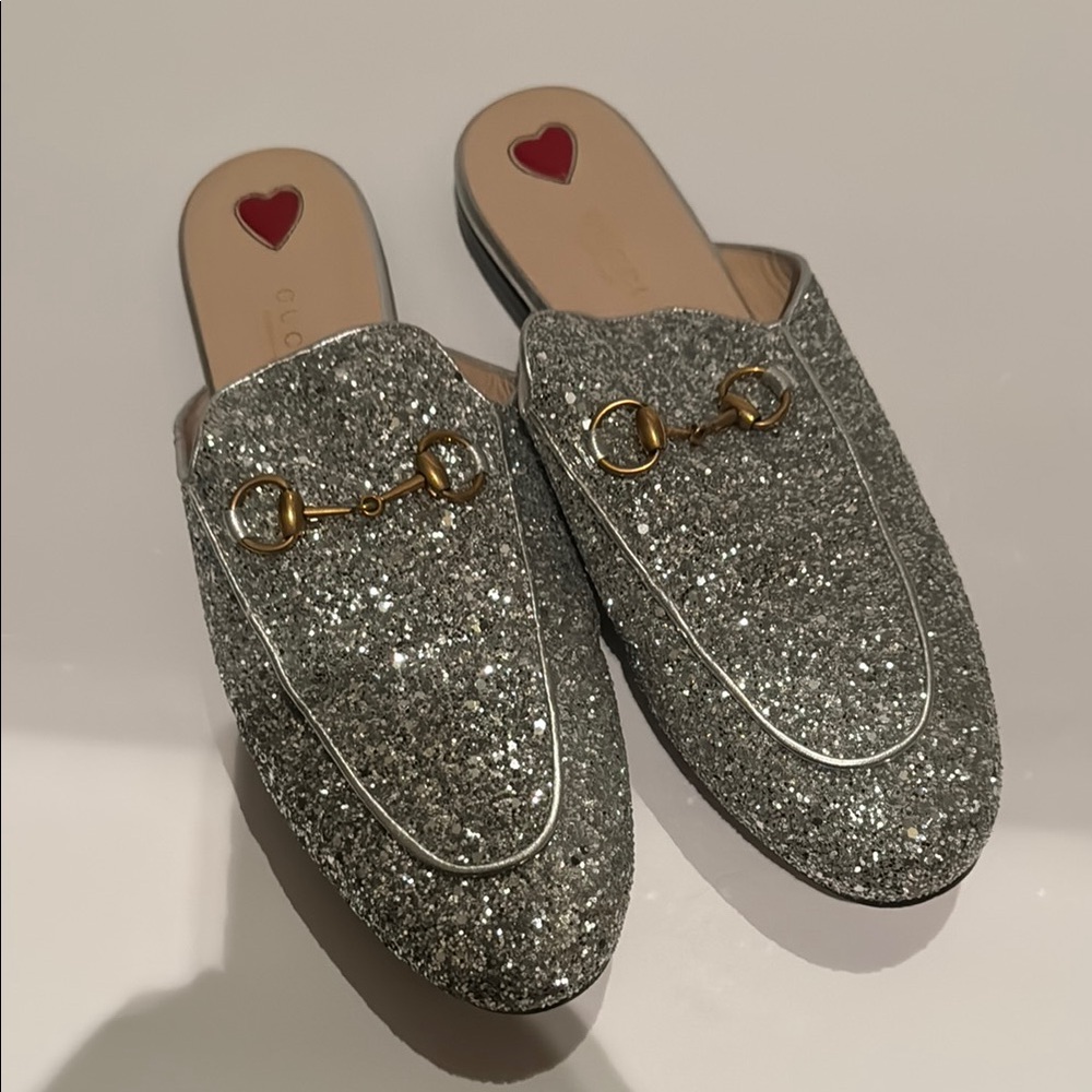 Gucci Silver Sparkle Mules with Metallic Embellishments